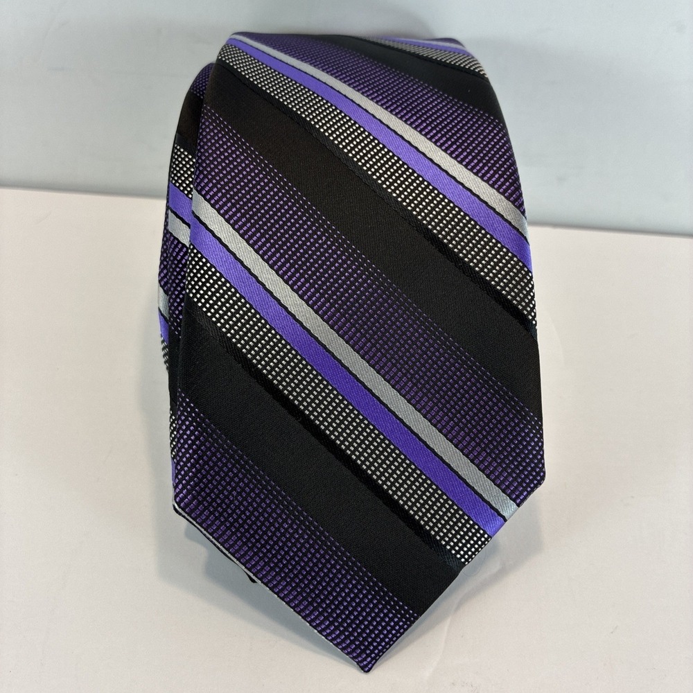 NWT JF J. Ferrar Narrow Striped Power Poly Tie 58In by 3in Pur/Blk/Silver